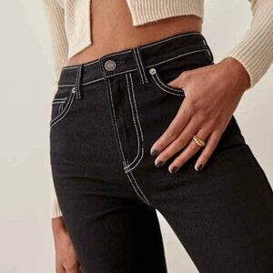 Sierra High Rise Straight Long Jeans - Black with White Stitching